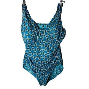 Land's End Slender Suit One Piece Moroccan Tile Print Rouched Modest Vacation 16